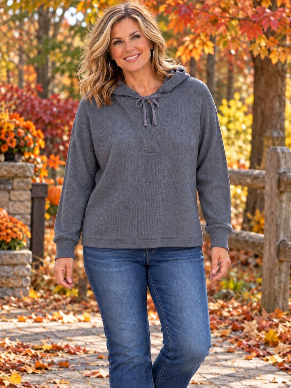 JANE & DELANCEY Sweater Hooded V-Neck w/Tie Waffle Knit Medium Gray 3X